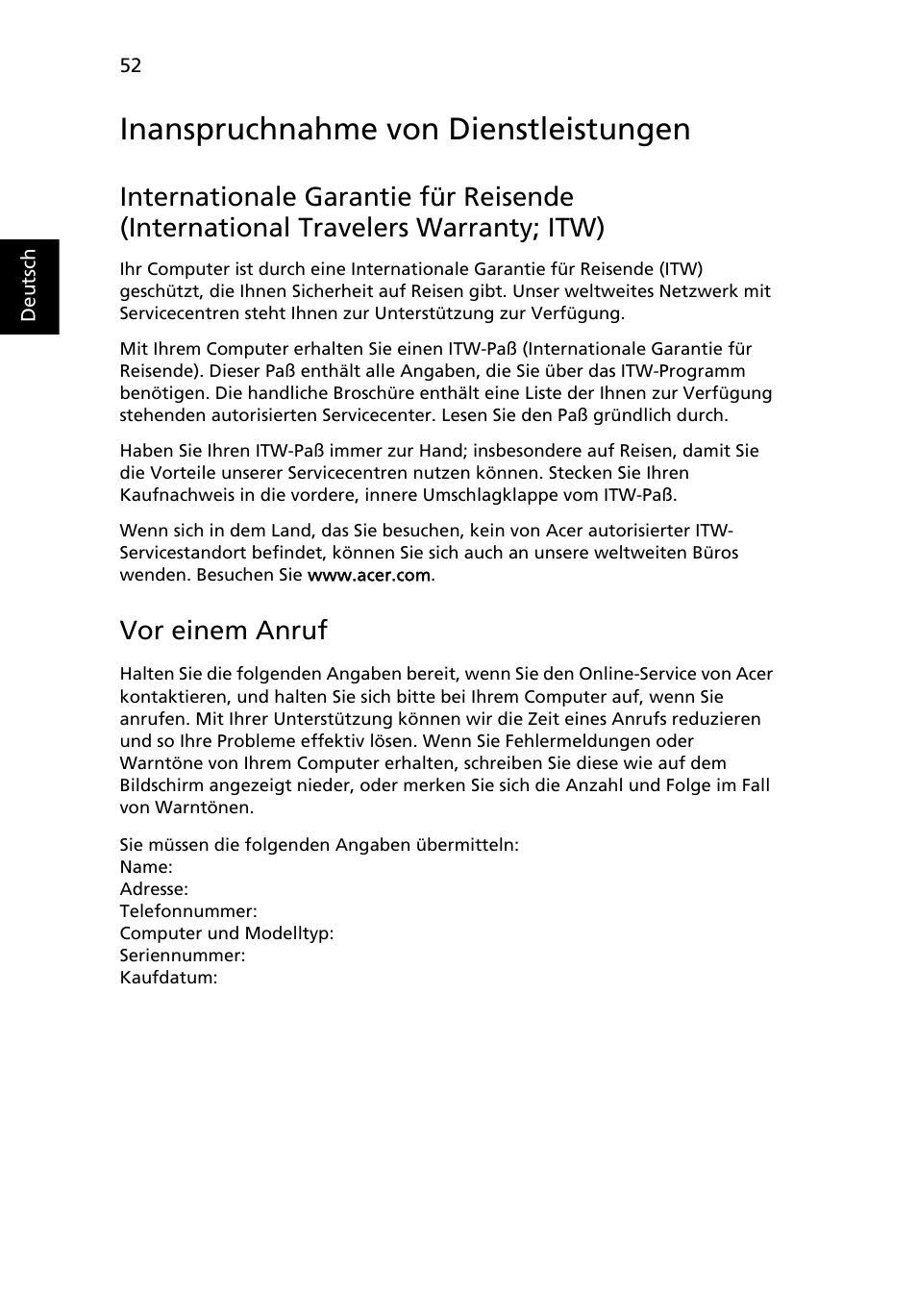 Inanspruchnahme von dienstleistungen, Vor einem anruf | Acer Aspire 4739Z User Manual | Page 230 / 2354