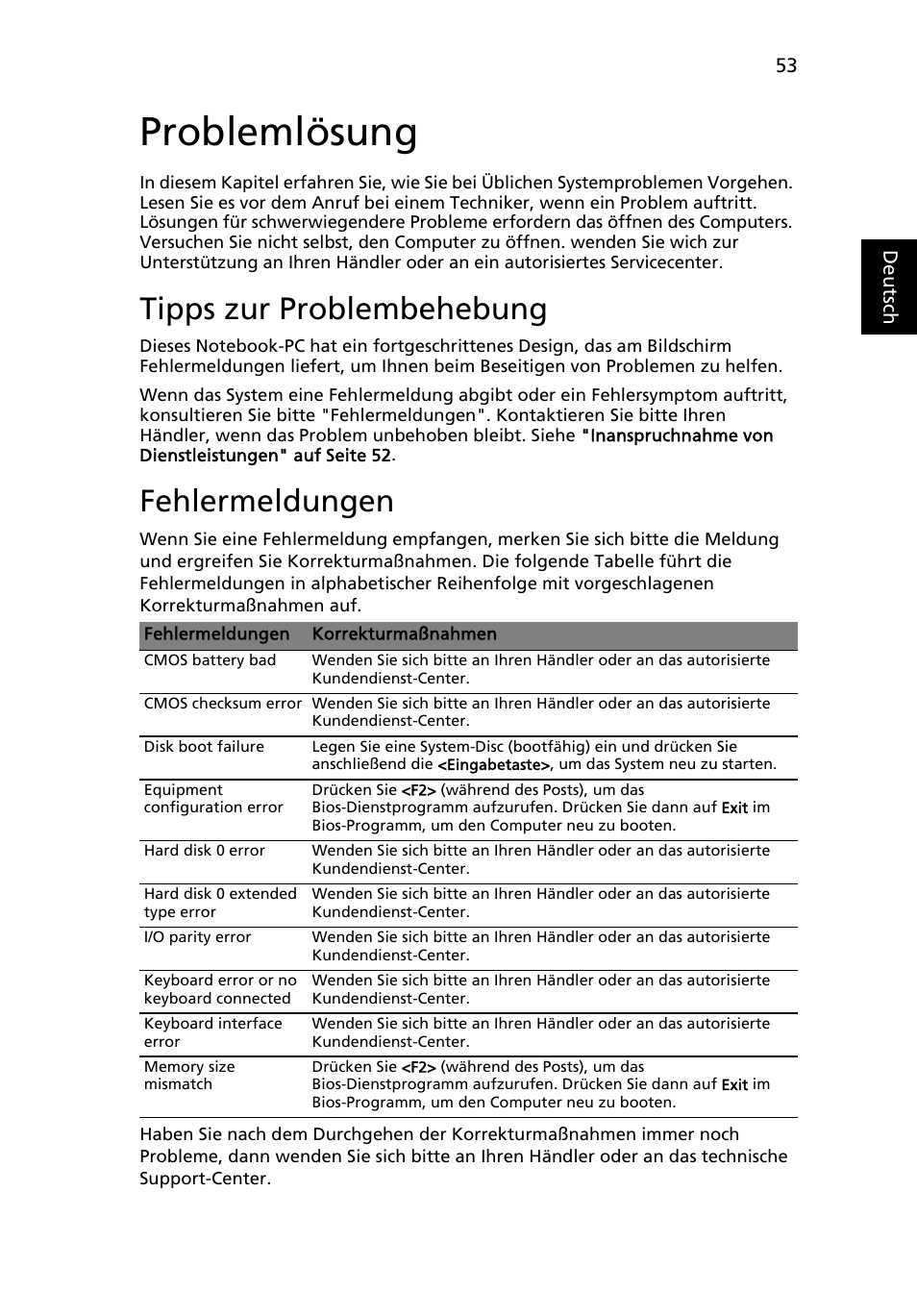 Problemlösung, Tipps zur problembehebung, Fehlermeldungen | Eng lish | Acer Aspire 4739Z User Manual | Page 231 / 2354