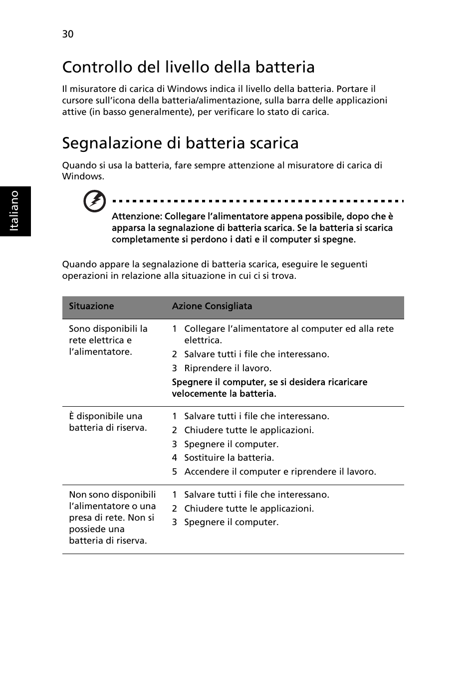 Controllo del livello della batteria, Segnalazione di batteria scarica | Acer Aspire 4739Z User Manual | Page 286 / 2354