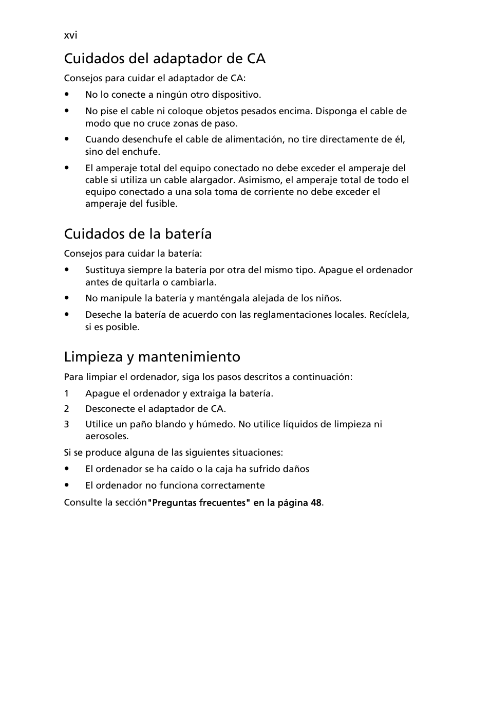 Cuidados del adaptador de ca, Cuidados de la batería, Limpieza y mantenimiento | Acer Aspire 4739Z User Manual | Page 330 / 2354