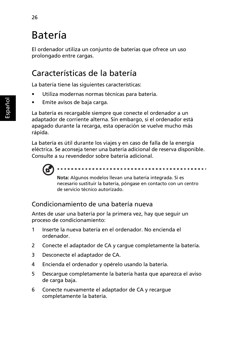 Batería, Características de la batería, Condicionamiento de una batería nueva | Acer Aspire 4739Z User Manual | Page 360 / 2354