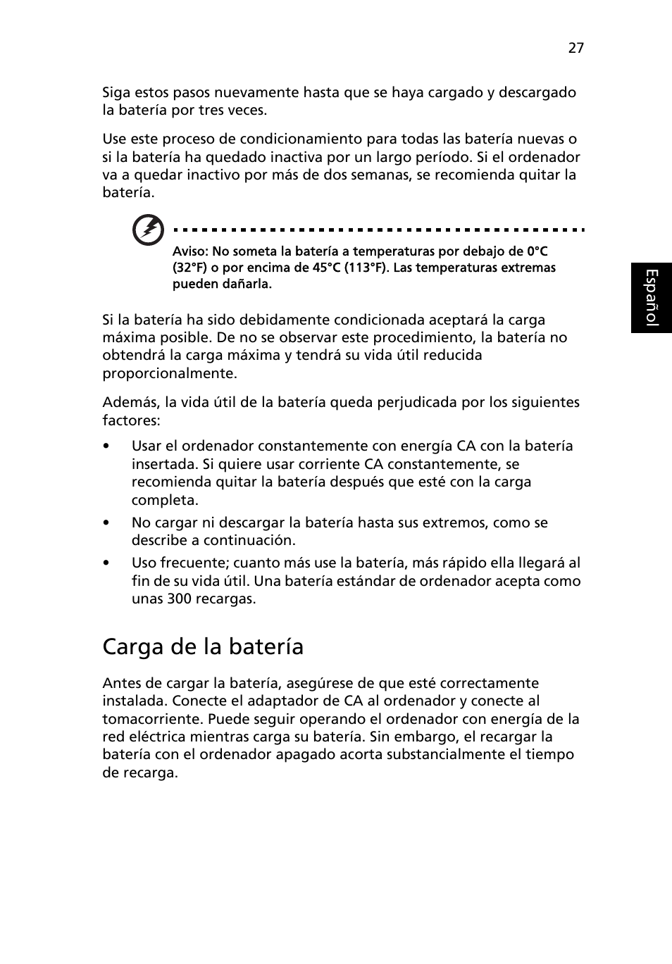 Carga de la batería | Acer Aspire 4739Z User Manual | Page 361 / 2354