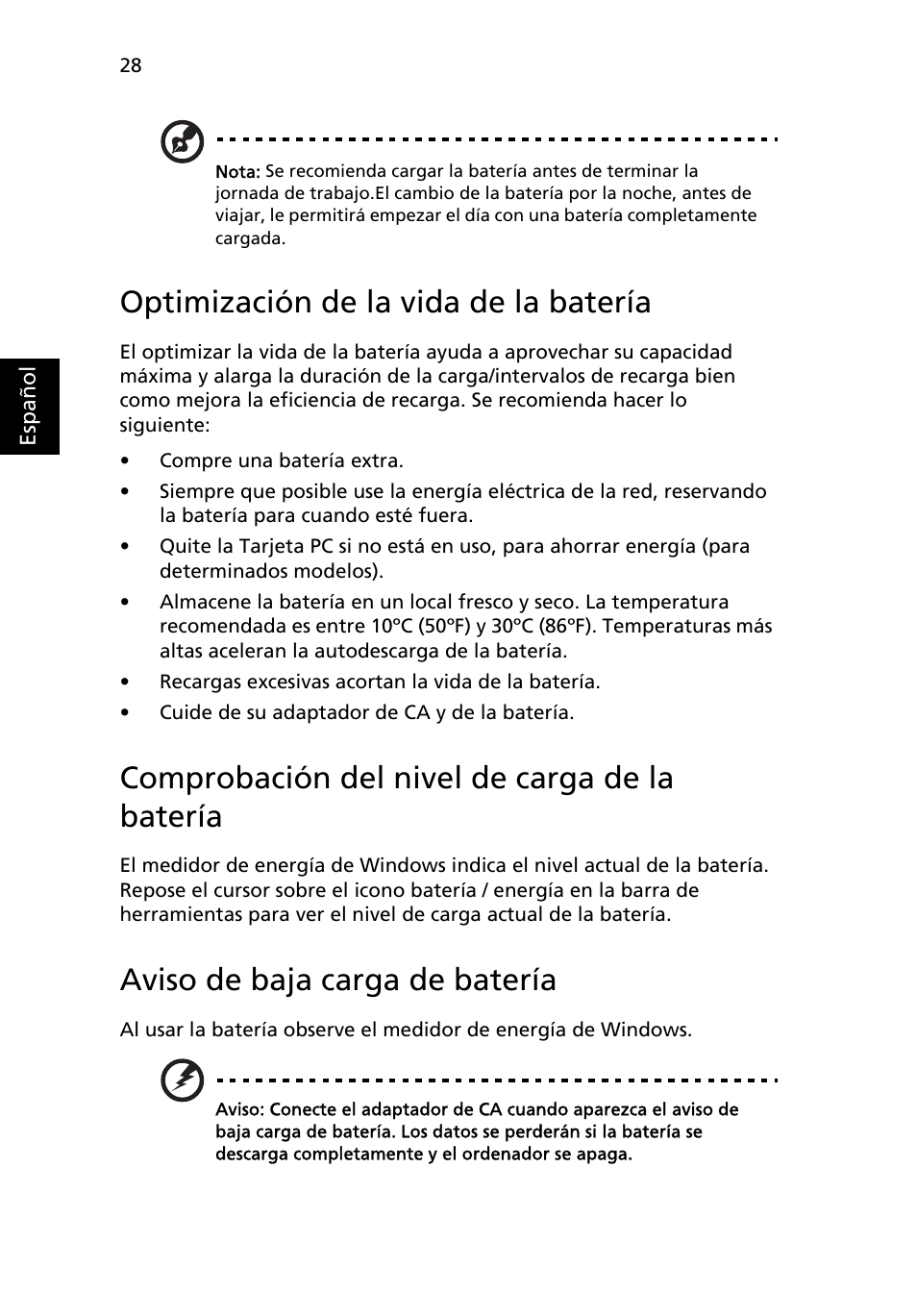 Optimización de la vida de la batería, Comprobación del nivel de carga de la batería, Aviso de baja carga de batería | Acer Aspire 4739Z User Manual | Page 362 / 2354