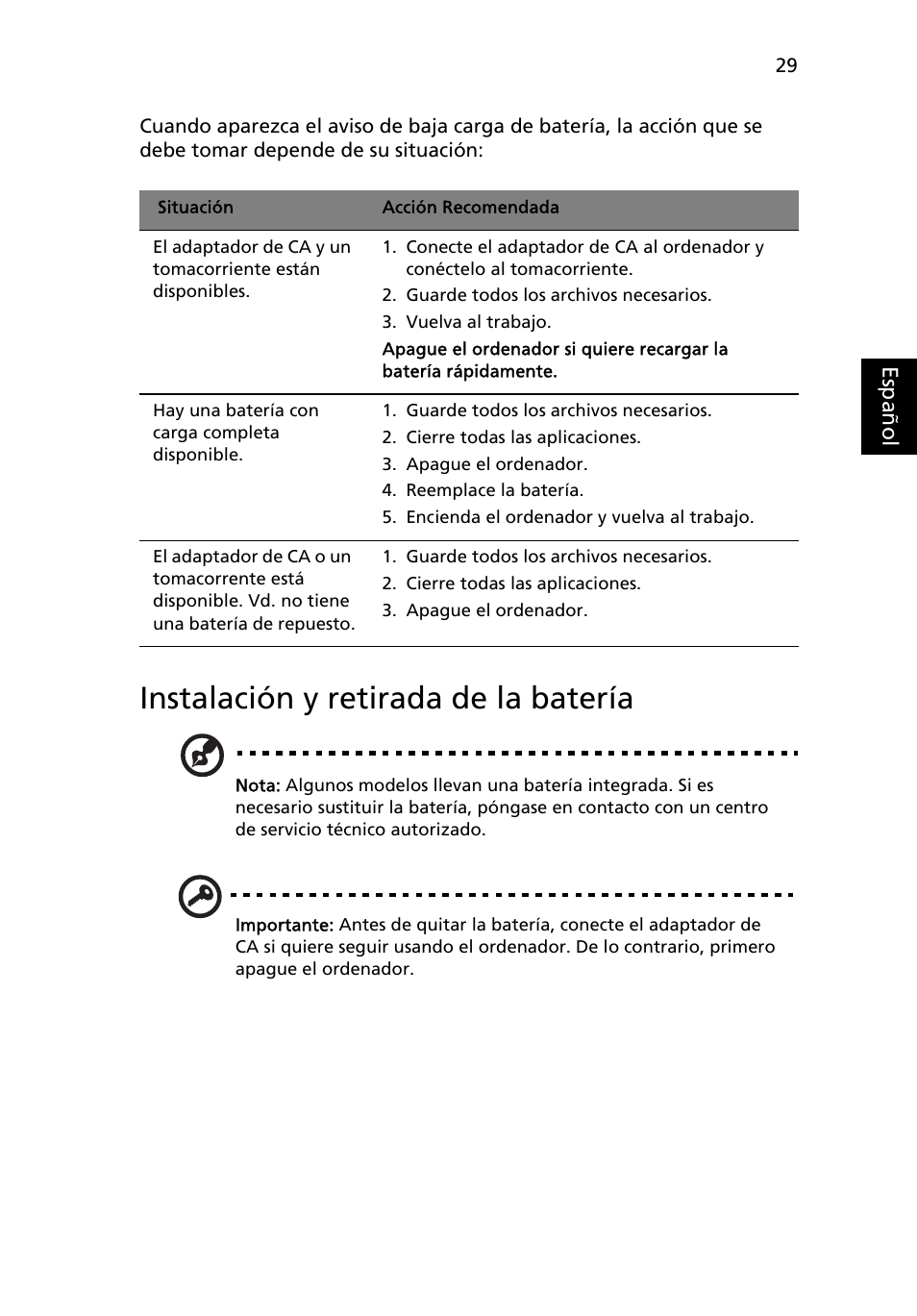 Instalación y retirada de la batería | Acer Aspire 4739Z User Manual | Page 363 / 2354