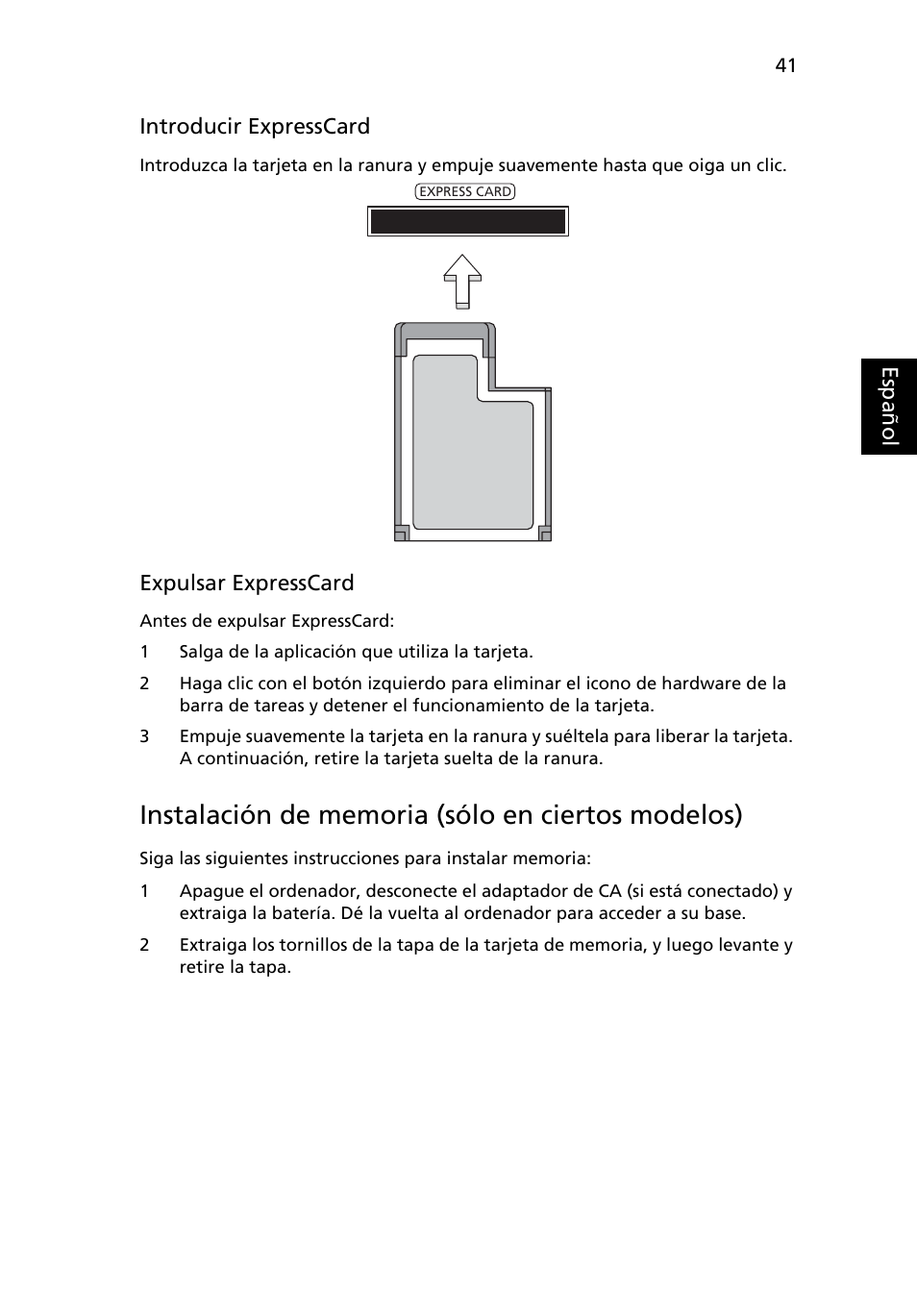 Instalación de memoria (sólo en ciertos modelos) | Acer Aspire 4739Z User Manual | Page 375 / 2354