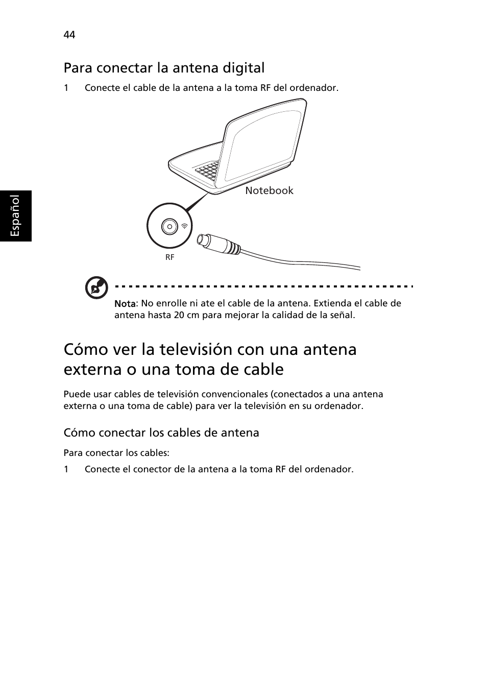 Para conectar la antena digital | Acer Aspire 4739Z User Manual | Page 378 / 2354