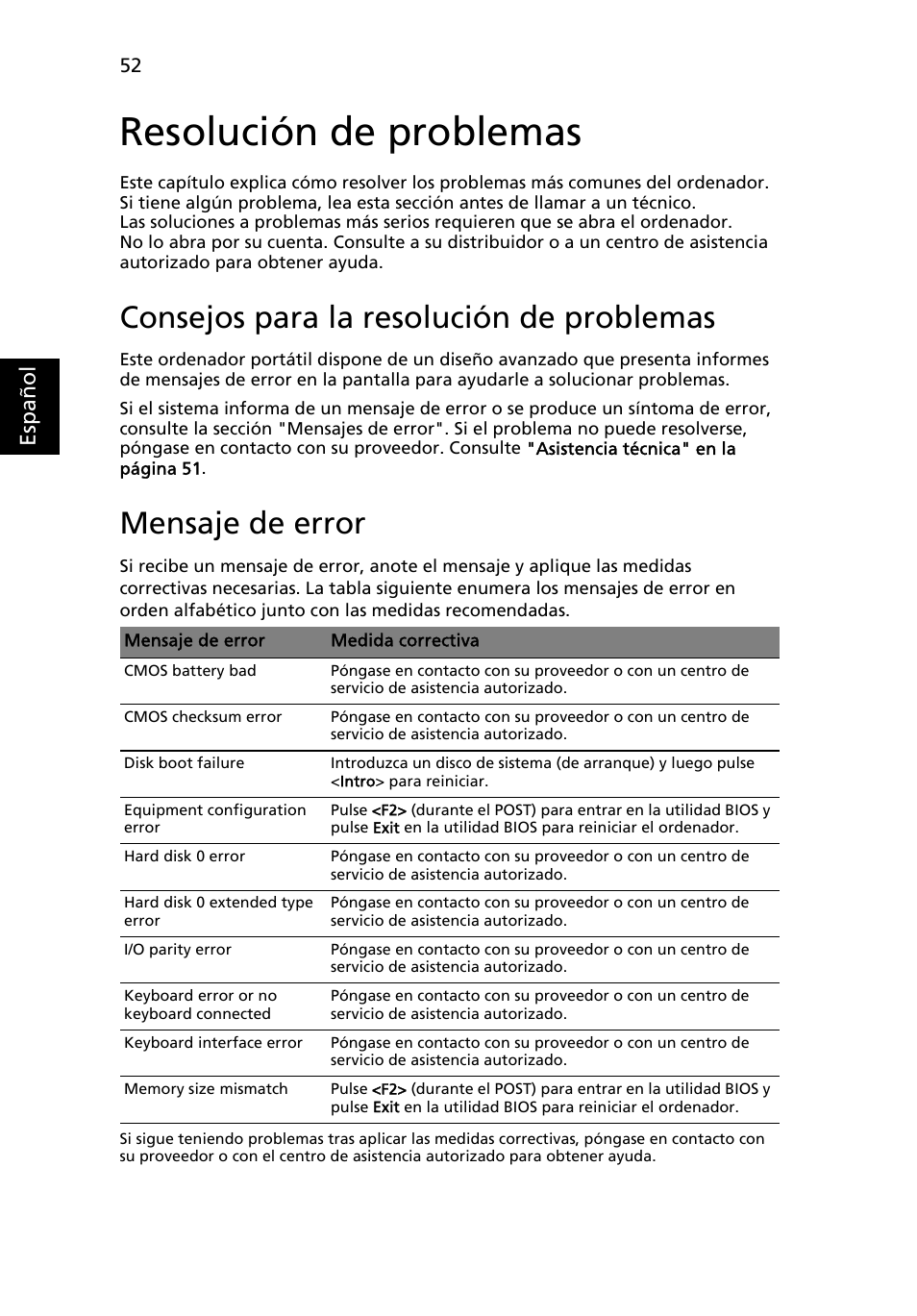 Resolución de problemas, Consejos para la resolución de problemas, Mensaje de error | Esp añol | Acer Aspire 4739Z User Manual | Page 386 / 2354