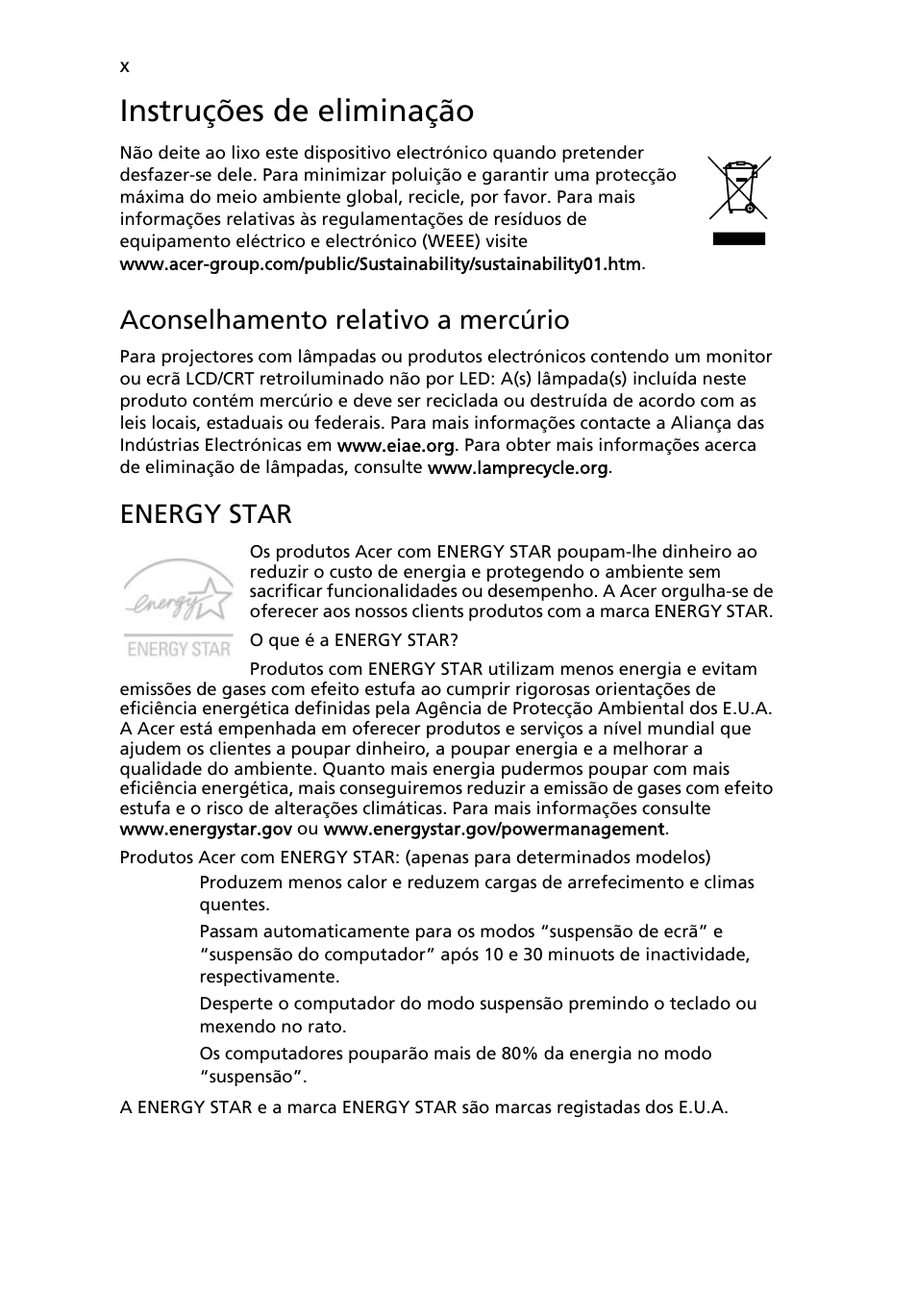 Instruções de eliminação, Aconselhamento relativo a mercúrio, Energy star | Acer Aspire 4739Z User Manual | Page 402 / 2354
