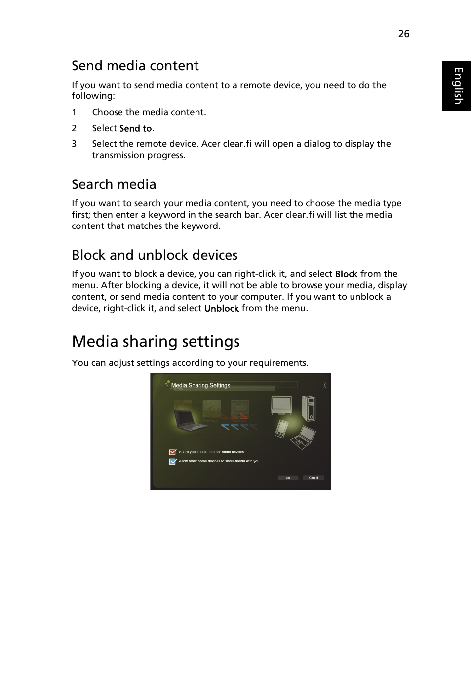 Media sharing settings, Send media content, Search media | Block and unblock devices | Acer Aspire 4739Z User Manual | Page 44 / 2354