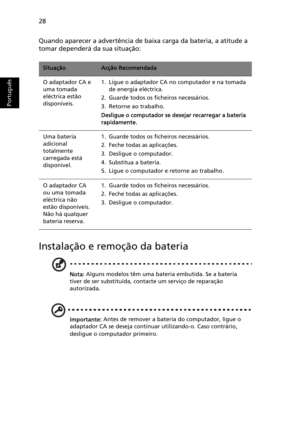 Instalação e remoção da bateria | Acer Aspire 4739Z User Manual | Page 440 / 2354