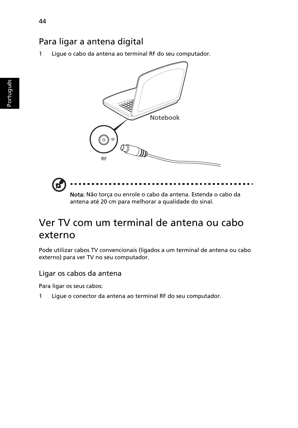 Ver tv com um terminal de antena ou cabo externo, Para ligar a antena digital | Acer Aspire 4739Z User Manual | Page 456 / 2354