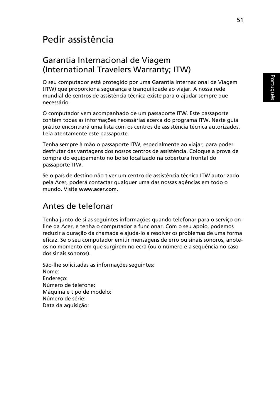 Pedir assistência, Antes de telefonar | Acer Aspire 4739Z User Manual | Page 463 / 2354