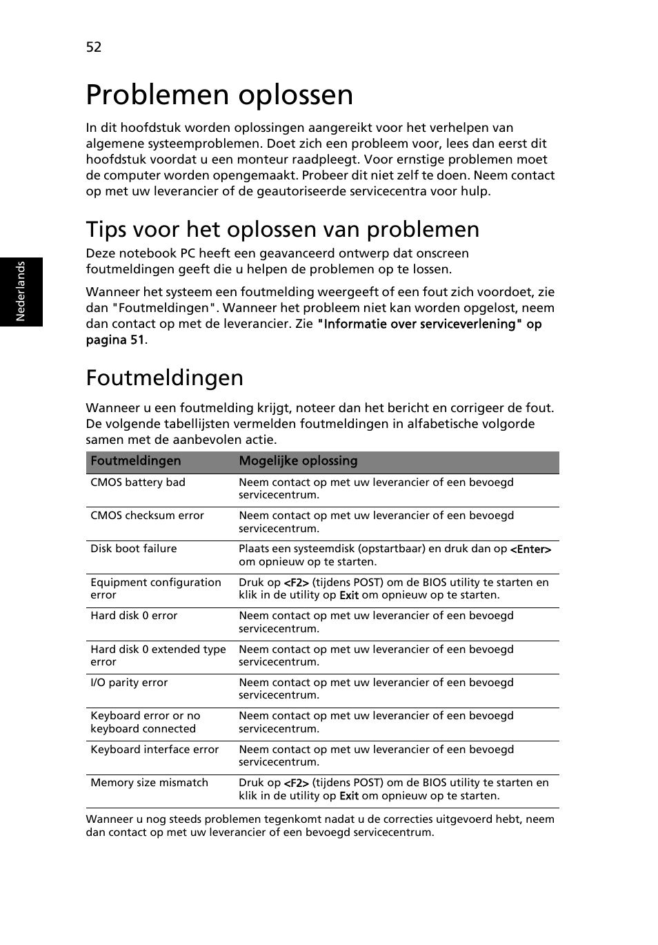 Problemen oplossen, Tips voor het oplossen van problemen, Foutmeldingen | Acer Aspire 4739Z User Manual | Page 542 / 2354