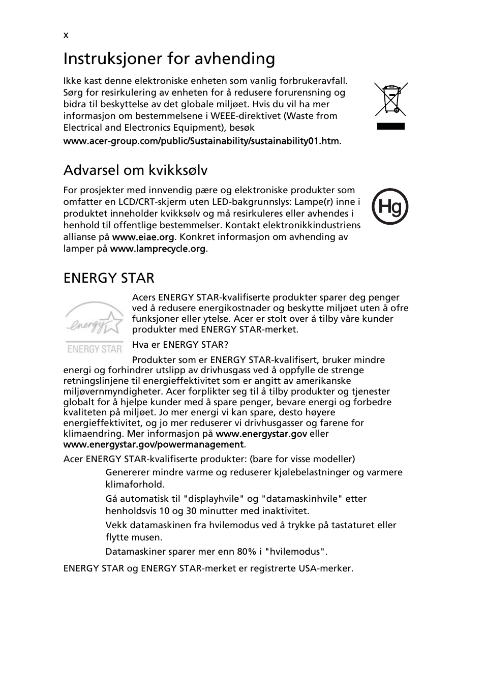 Instruksjoner for avhending, Advarsel om kvikksølv, Energy star | Acer Aspire 4739Z User Manual | Page 556 / 2354