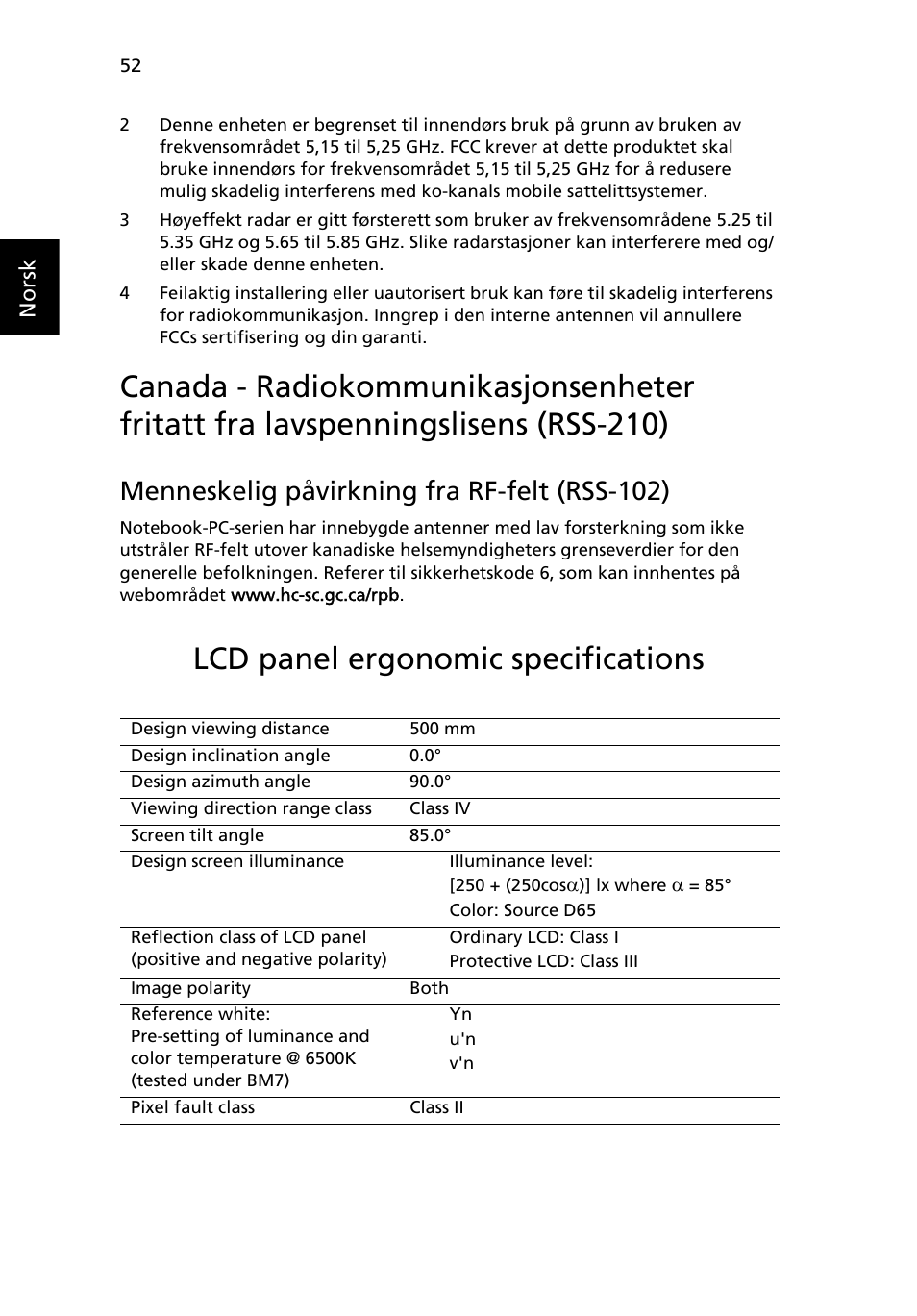 Lcd panel ergonomic specifications, Menneskelig påvirkning fra rf-felt (rss-102) | Acer Aspire 4739Z User Manual | Page 618 / 2354