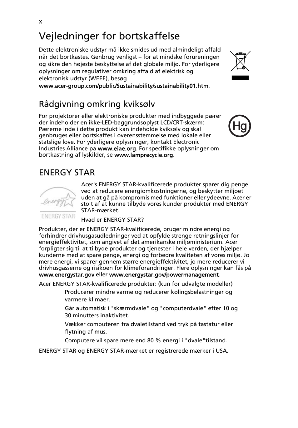 Vejledninger for bortskaffelse, Rådgivning omkring kviksølv, Energy star | Acer Aspire 4739Z User Manual | Page 628 / 2354