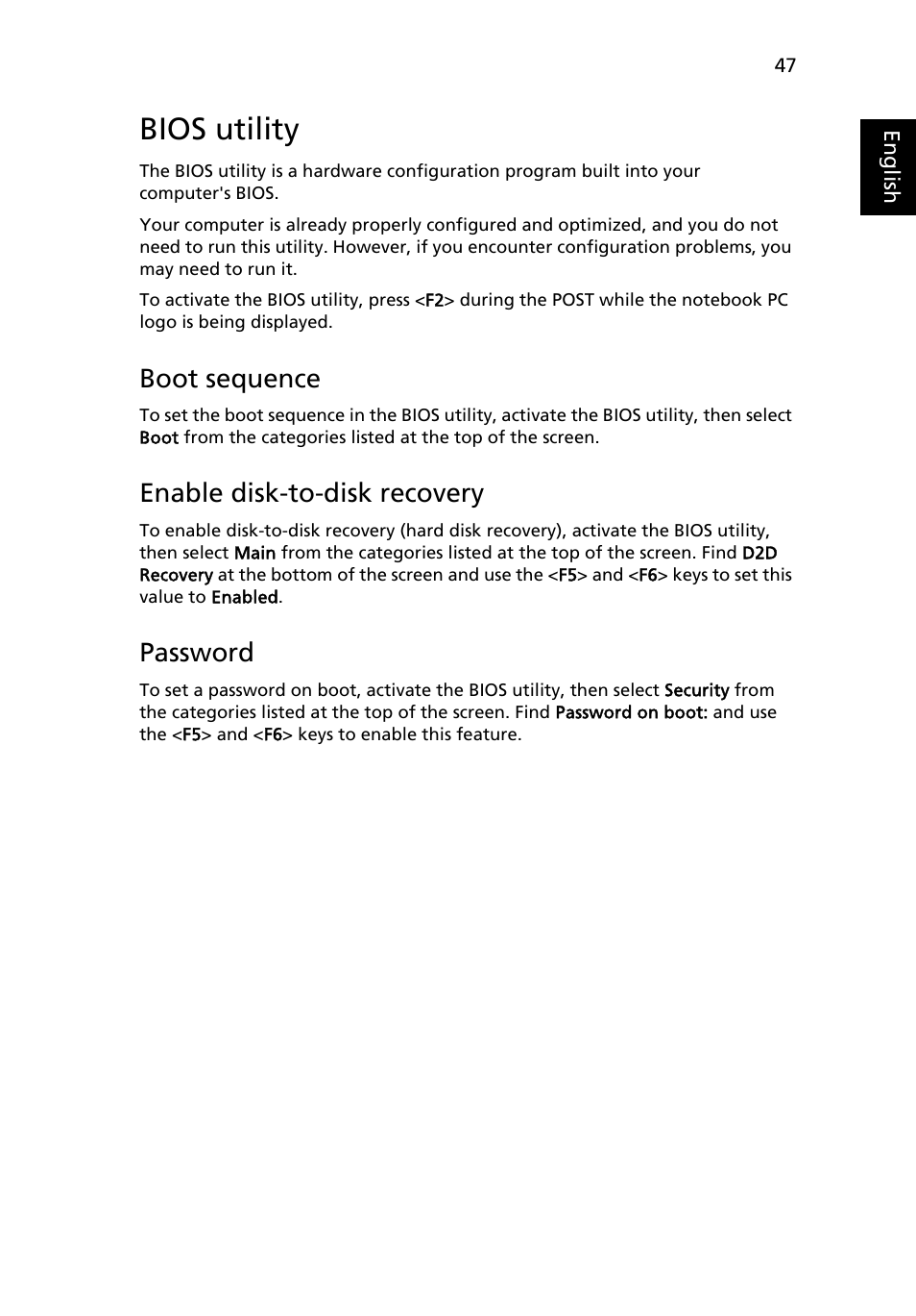 Bios utility, Boot sequence, Enable disk-to-disk recovery | Password | Acer Aspire 4739Z User Manual | Page 65 / 2354