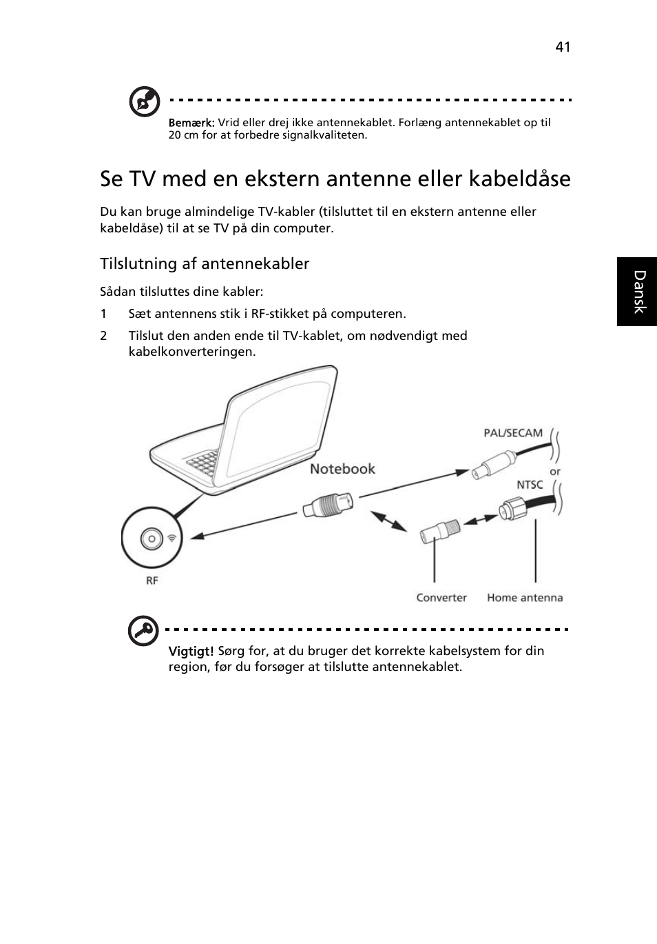 Se tv med en ekstern antenne eller kabeldåse | Acer Aspire 4739Z User Manual | Page 679 / 2354