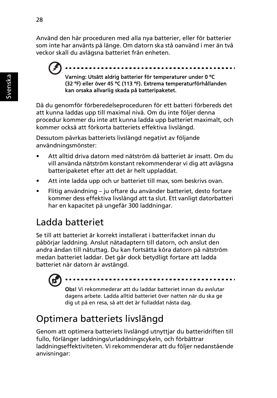 Ladda batteriet, Optimera batteriets livslängd | Acer Aspire 4739Z User Manual | Page 740 / 2354