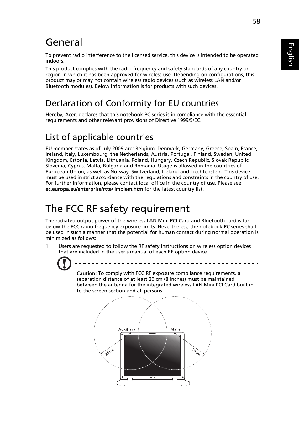 General, The fcc rf safety requirement, Declaration of conformity for eu countries | List of applicable countries, Eng lis h | Acer Aspire 4739Z User Manual | Page 76 / 2354