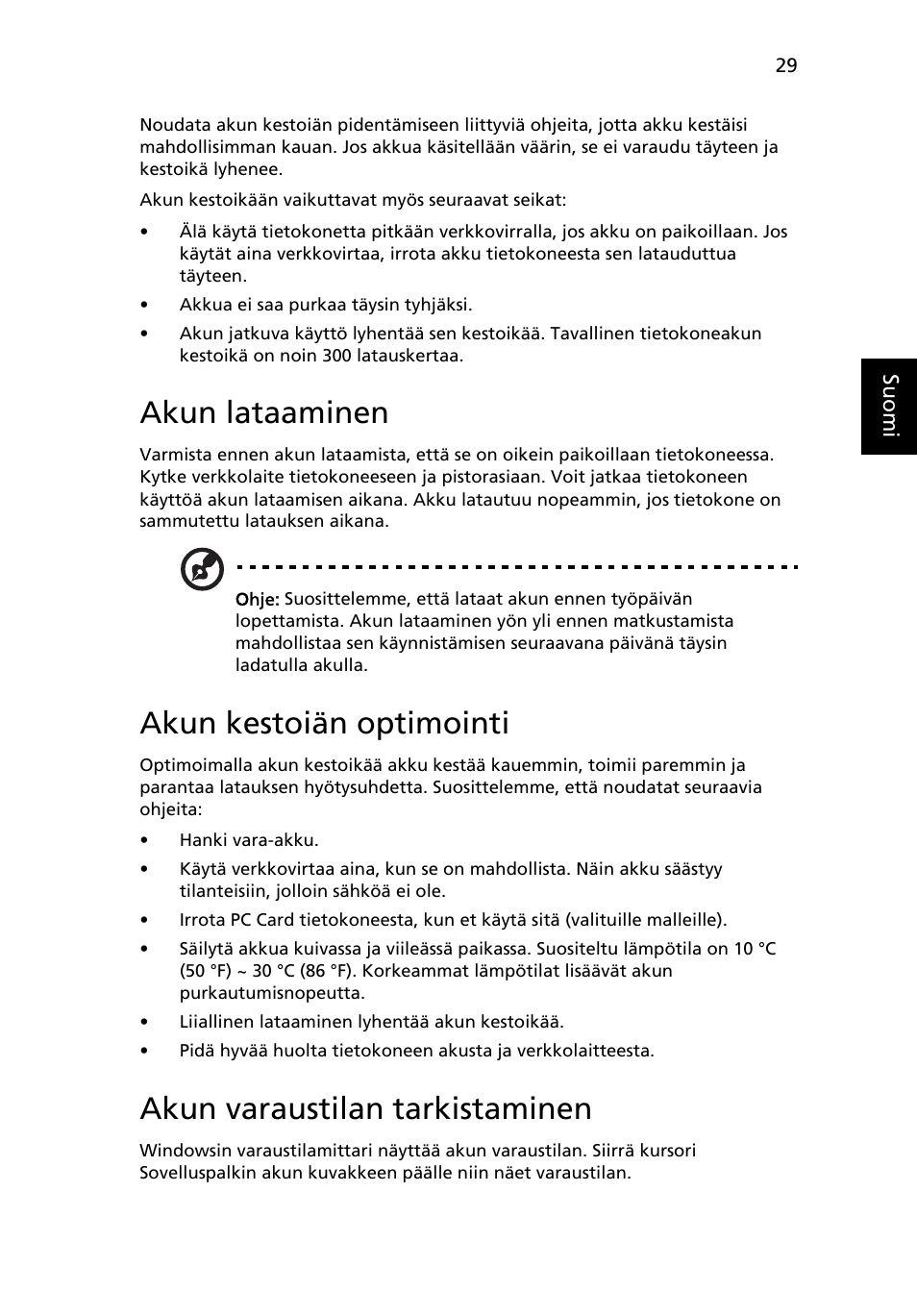 Akun lataaminen, Akun kestoiän optimointi, Akun varaustilan tarkistaminen | Acer Aspire 4739Z User Manual | Page 815 / 2354