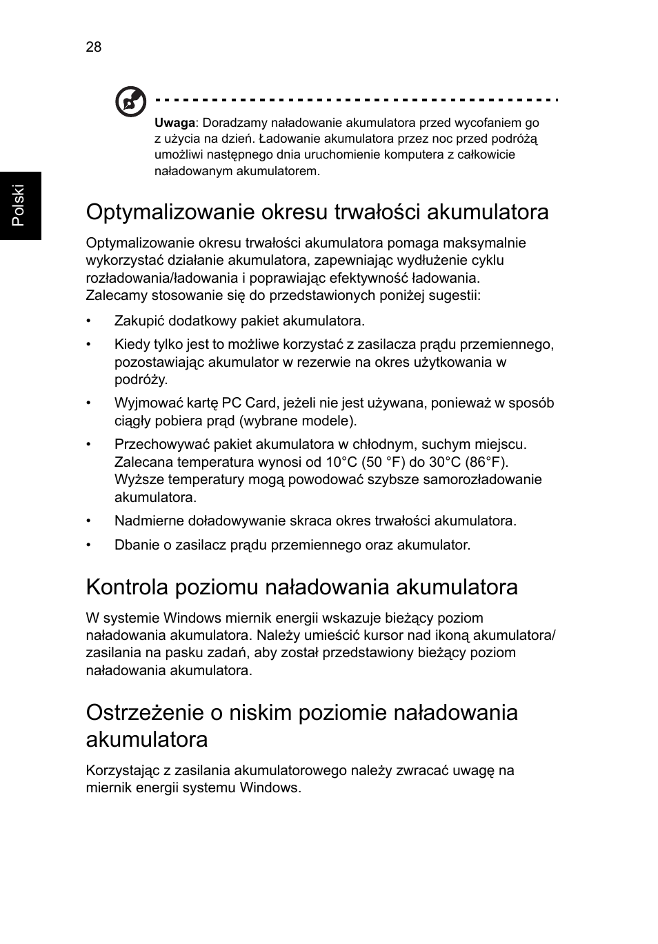 Optymalizowanie okresu trwałości akumulatora, Kontrola poziomu naładowania akumulatora | Acer Aspire 4739Z User Manual | Page 968 / 2354