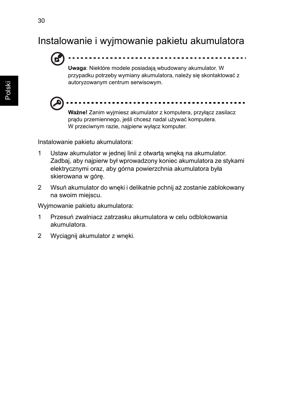 Instalowanie i wyjmowanie pakietu akumulatora | Acer Aspire 4739Z User Manual | Page 970 / 2354
