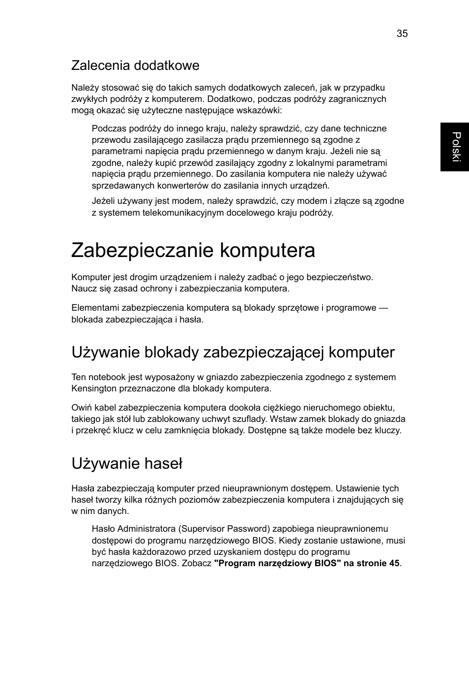 Zabezpieczanie komputera, Używanie blokady zabezpieczającej komputer, Używanie haseł | Zalecenia dodatkowe | Acer Aspire 4739Z User Manual | Page 975 / 2354