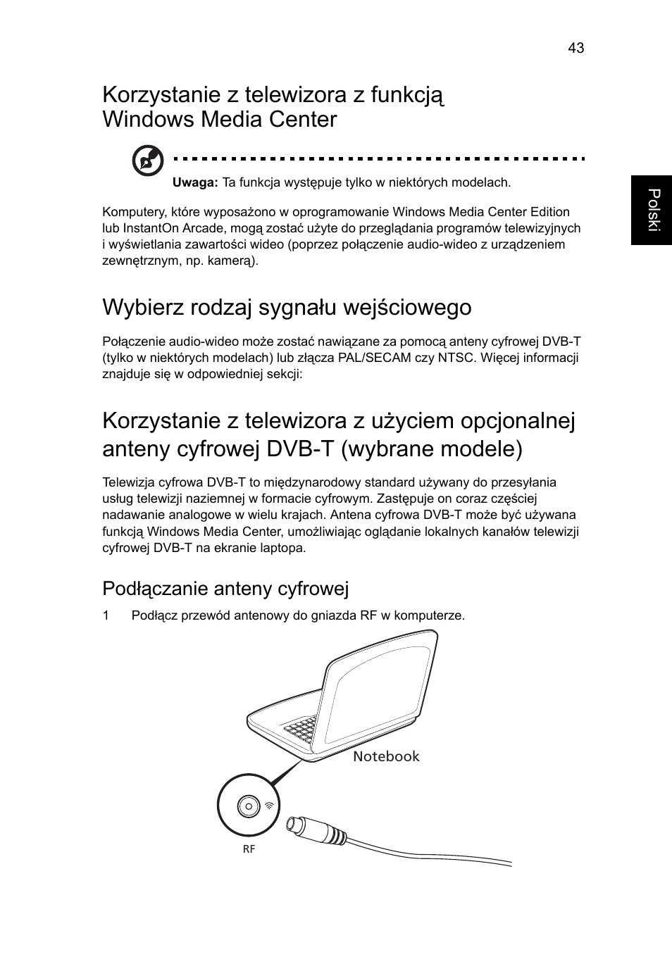 Wybierz rodzaj sygnału wejściowego, Podłączanie anteny cyfrowej | Acer Aspire 4739Z User Manual | Page 983 / 2354