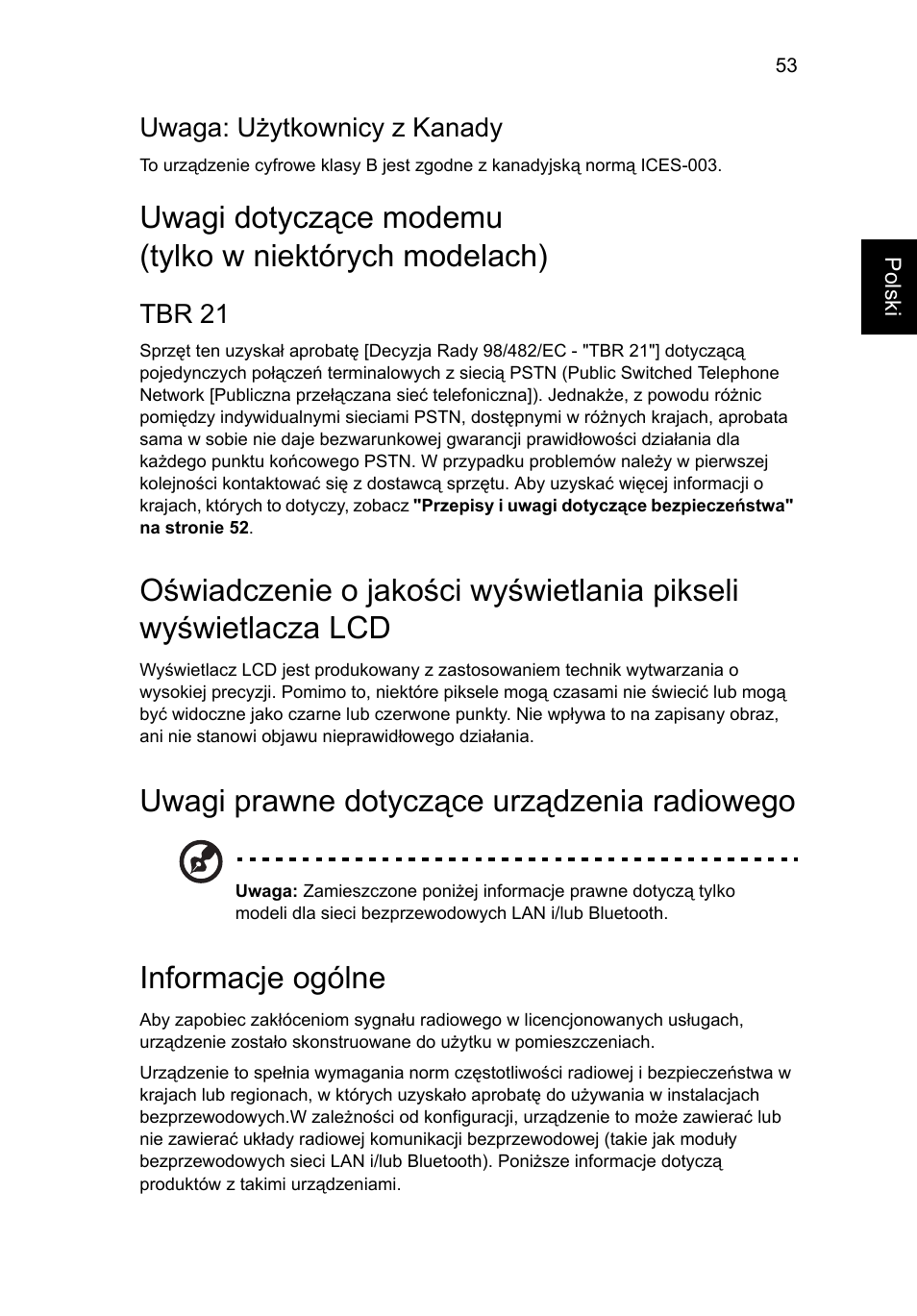 Uwagi prawne dotyczące urządzenia radiowego, Informacje ogólne, Uwaga: użytkownicy z kanady | Tbr 21 | Acer Aspire 4739Z User Manual | Page 993 / 2354