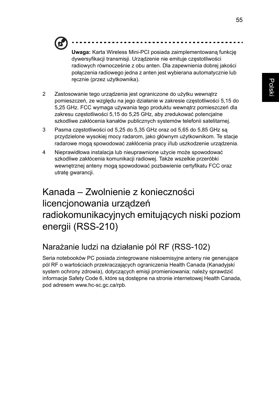 Narażanie ludzi na działanie pól rf (rss-102) | Acer Aspire 4739Z User Manual | Page 995 / 2354