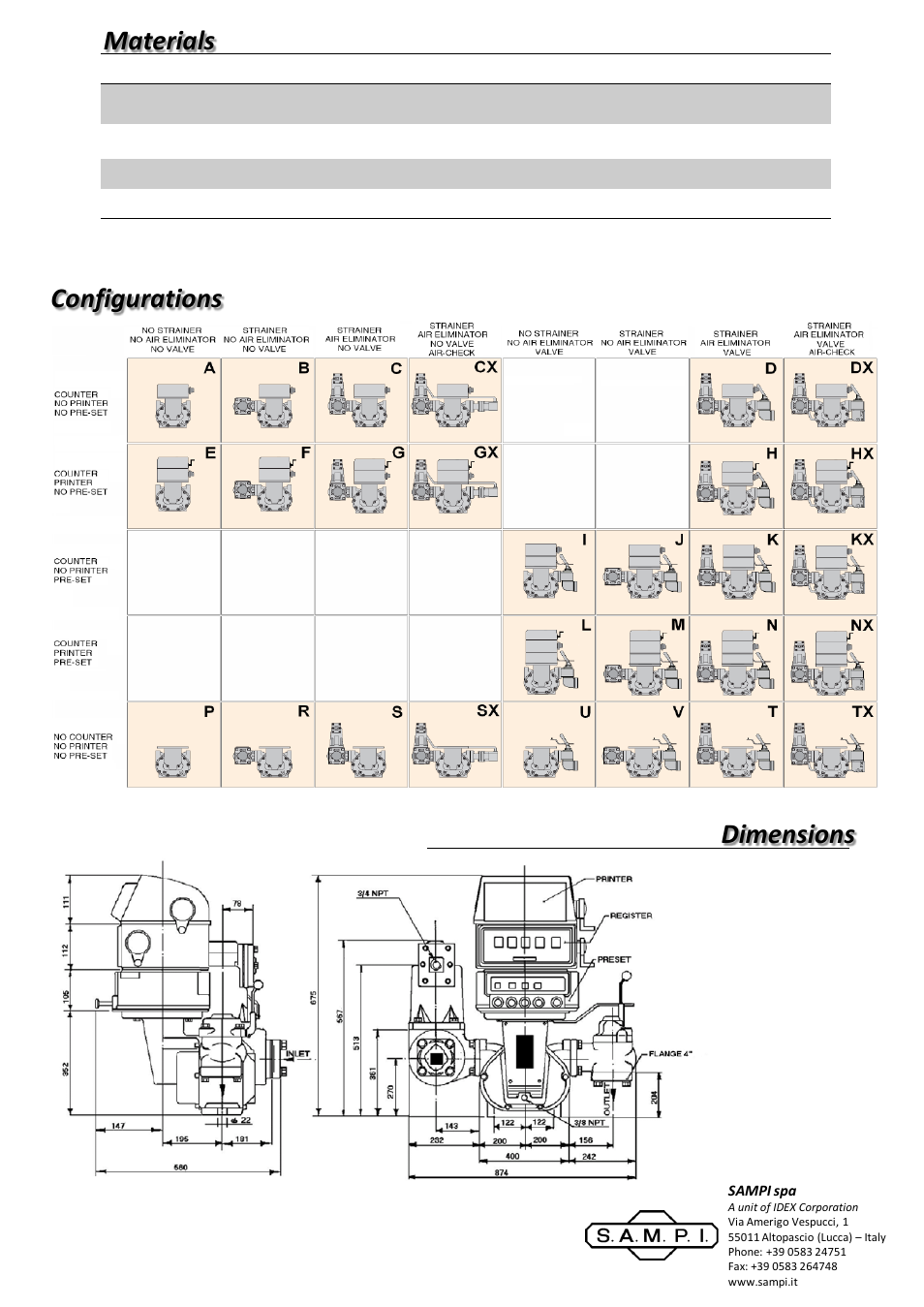 Diapositiva numero 2, Materials configurations dimensions | SAMPI SM30 Meter User Manual | Page 2 / 2