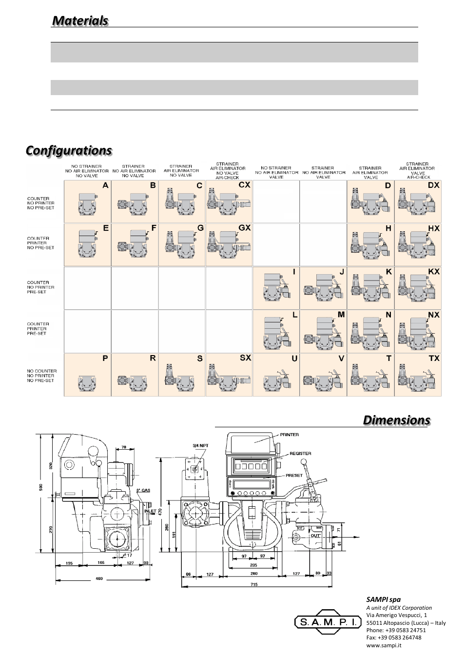 Diapositiva numero 2, Materials configurations dimensions | SAMPI SM15 Meter User Manual | Page 2 / 2