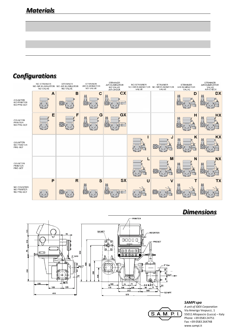 Diapositiva numero 2, Materials configurations dimensions | SAMPI SM7 Meter User Manual | Page 2 / 2