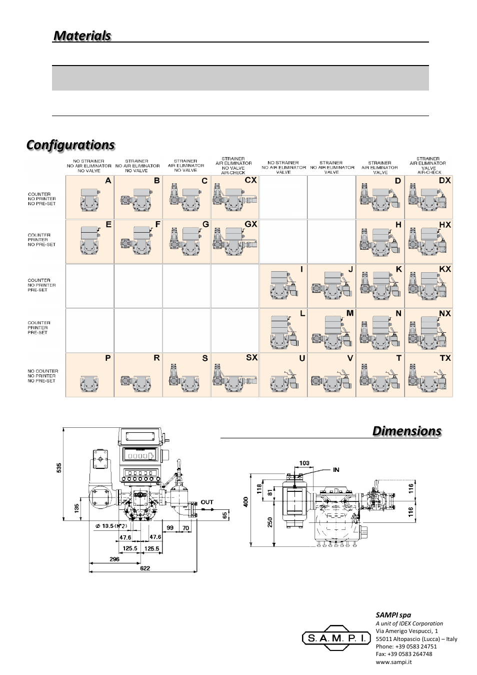 Diapositiva numero 2, Materials configurations dimensions | SAMPI SM5 Meter User Manual | Page 2 / 2