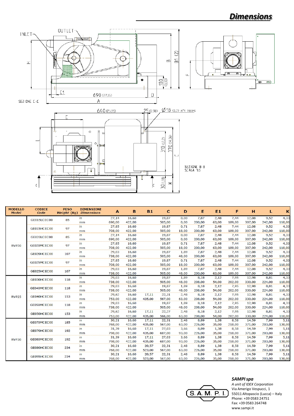 Diapositiva numero 2, Dimensions | SAMPI Belt & Pulleys Motorpump User Manual | Page 2 / 2