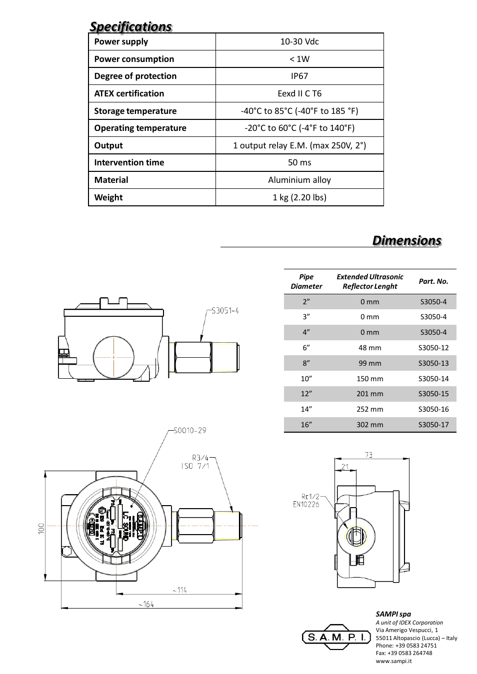 Diapositiva numero 2, Specifications dimensions | SAMPI LC Sound User Manual | Page 2 / 2