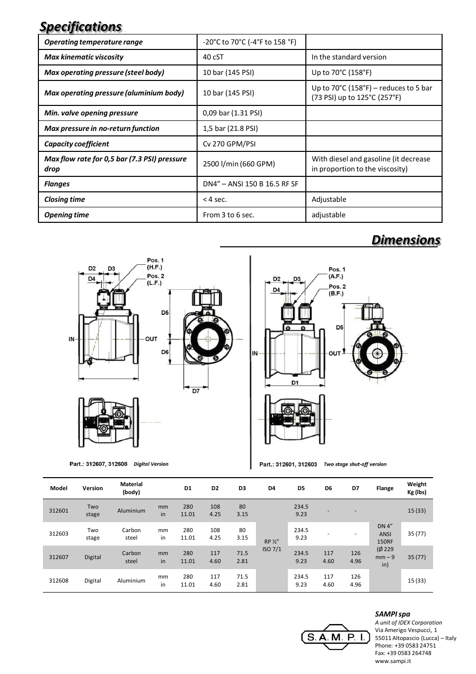 Diapositiva numero 2, Specifications dimensions | SAMPI HPV Hydraulic Valve User Manual | Page 2 / 2