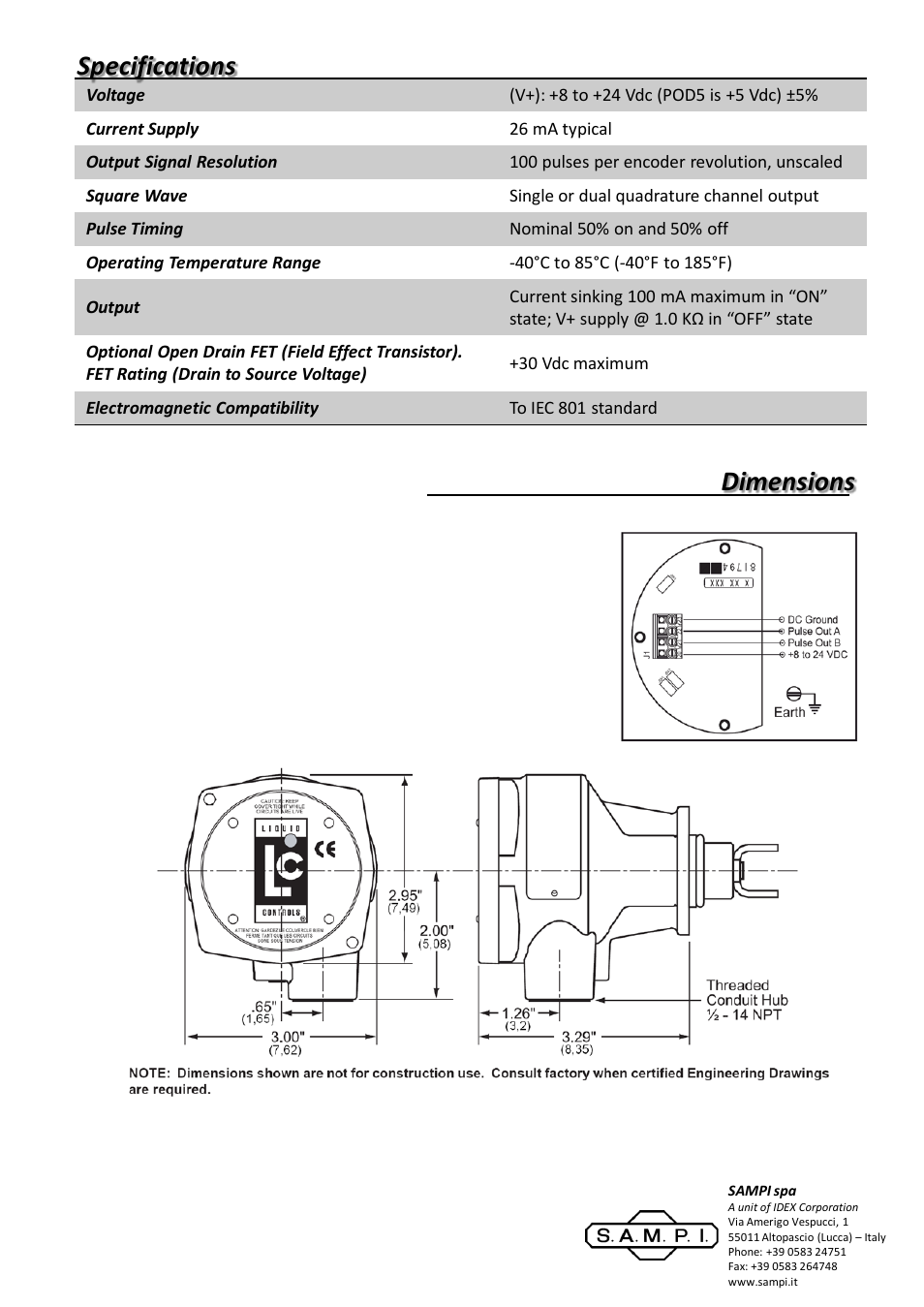 Diapositiva numero 2, Specifications dimensions | SAMPI Pulse Output Device (POD) User Manual | Page 2 / 2