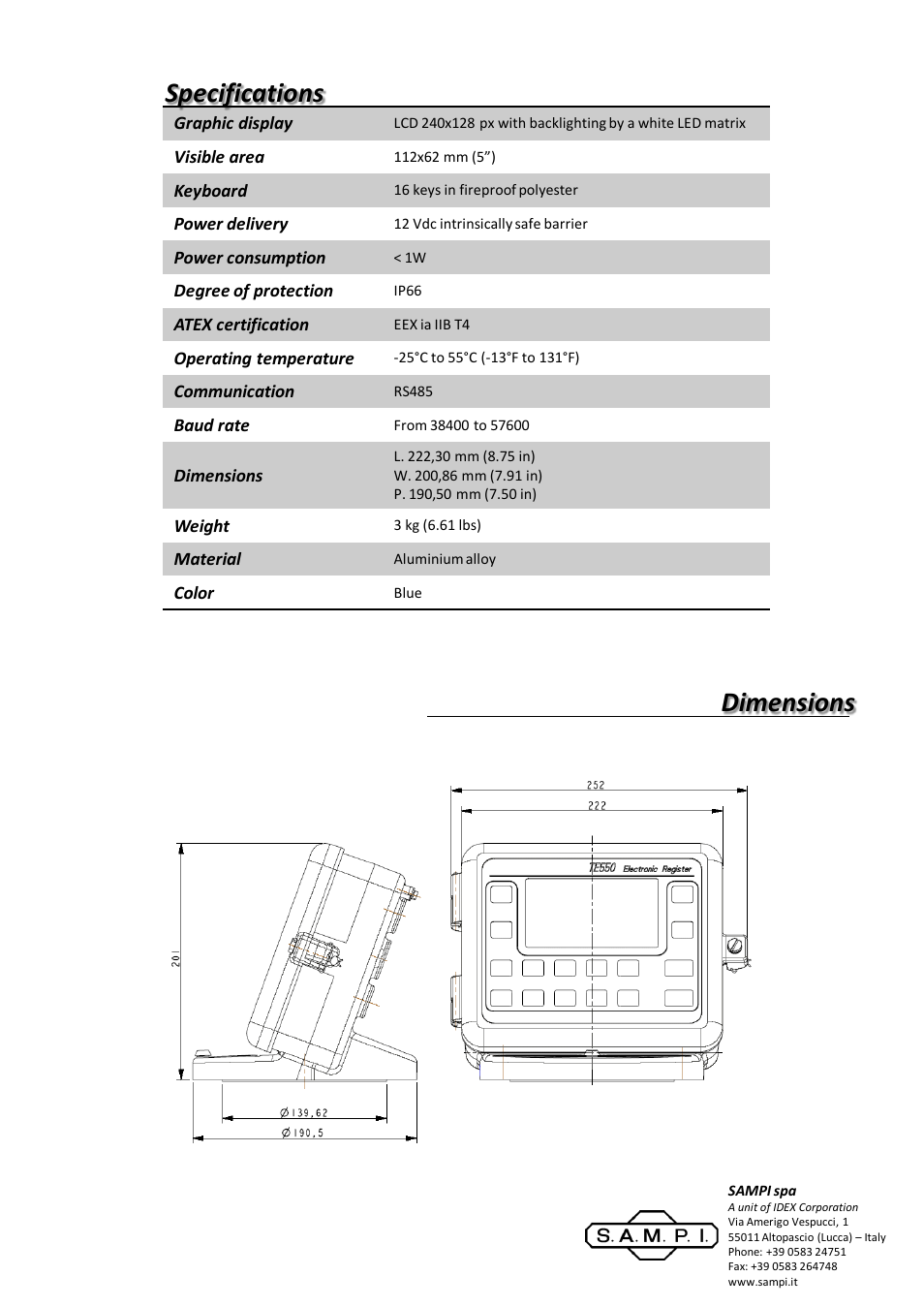 Diapositiva numero 2, Specifications dimensions | SAMPI TE550 Electronic Register (Truck Version) User Manual | Page 2 / 2