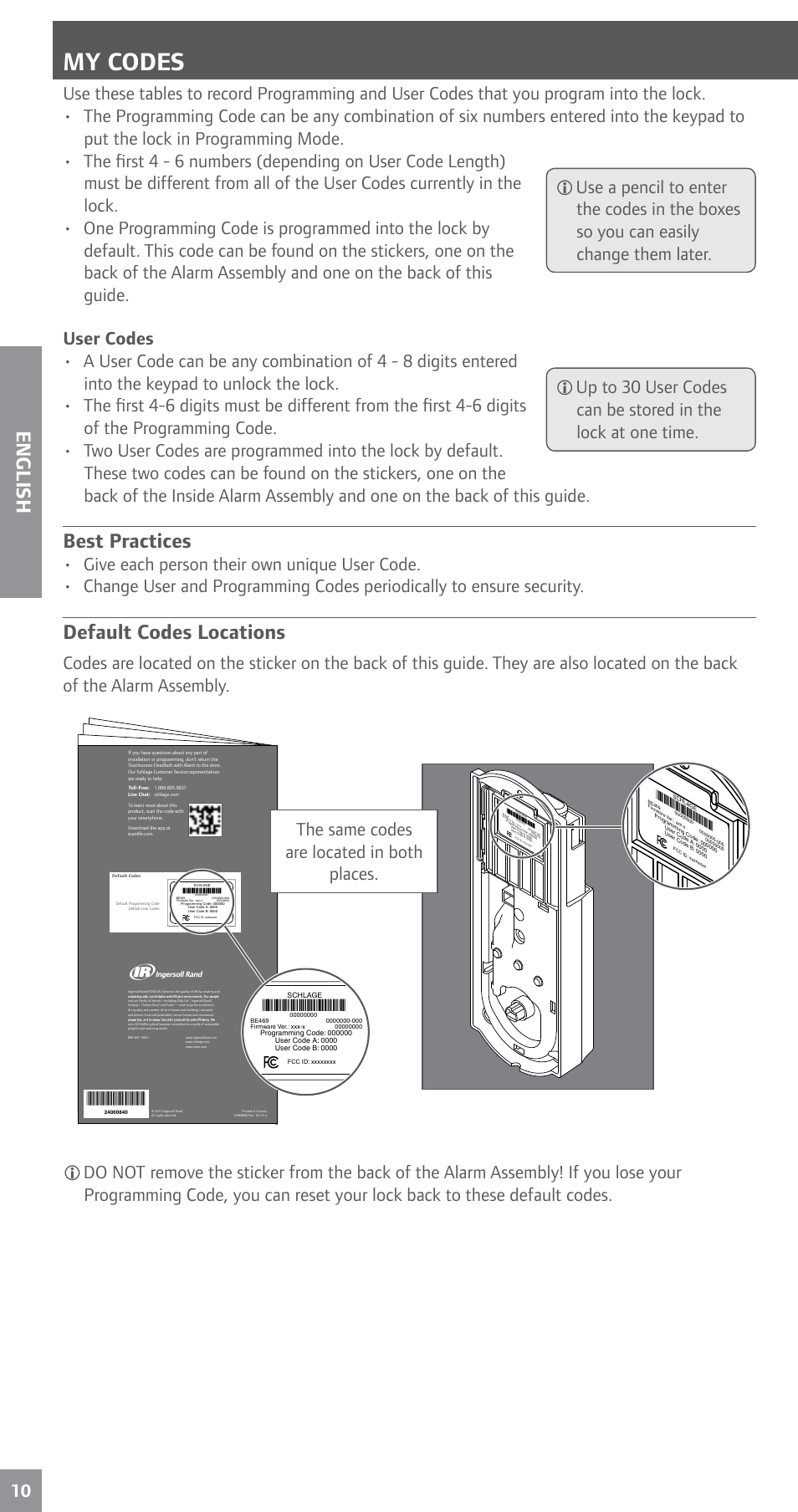 My codes, Best practices default codes locations, English | Best practices, Default codes locations, The same codes are located in both places | Schlage BE469NX User's Guide User Manual | Page 10 / 16