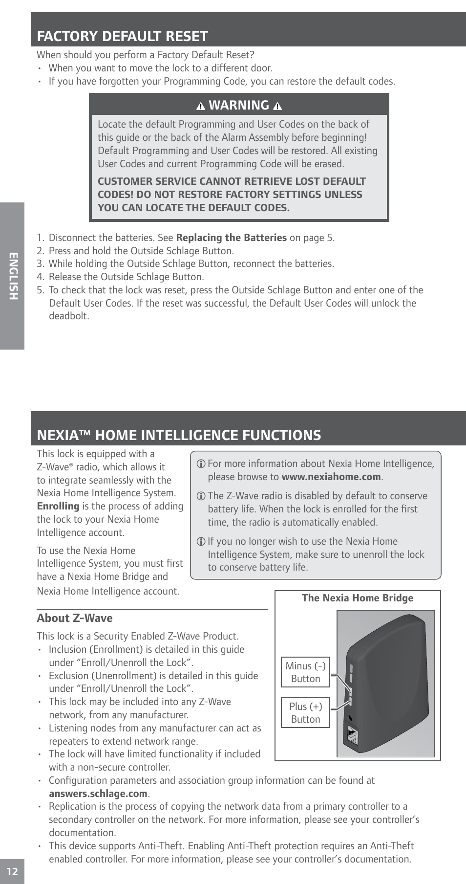 Factory default reset, Nexia home intelligence functions, About z-wave | Nexia™ home intelligence functions, Warning | Schlage BE469NX User's Guide User Manual | Page 12 / 16