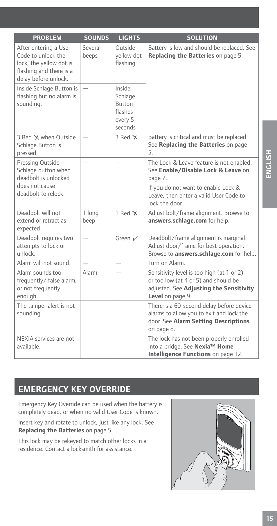 Emergency key override, Troubleshooting | Schlage BE469NX User's Guide User Manual | Page 15 / 16