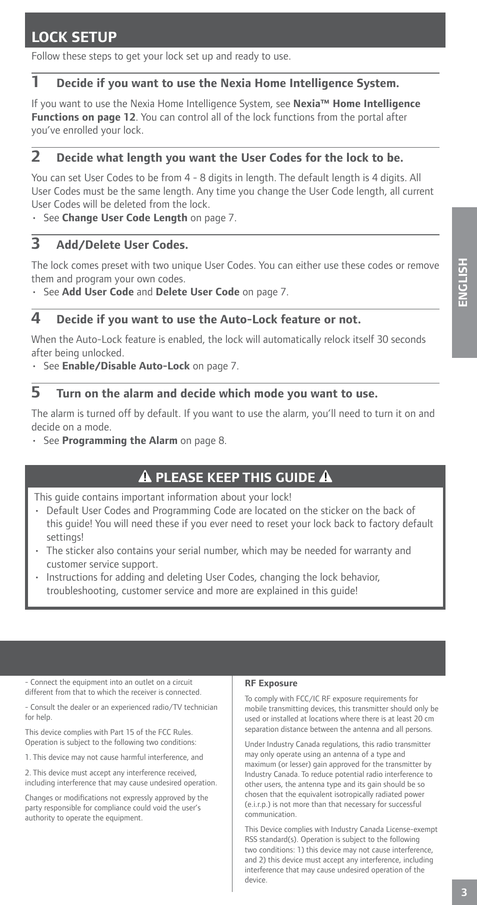 Warranty and fcc/ic statements, Lock setup, Please keep this guide | Schlage BE469NX User's Guide User Manual | Page 3 / 16