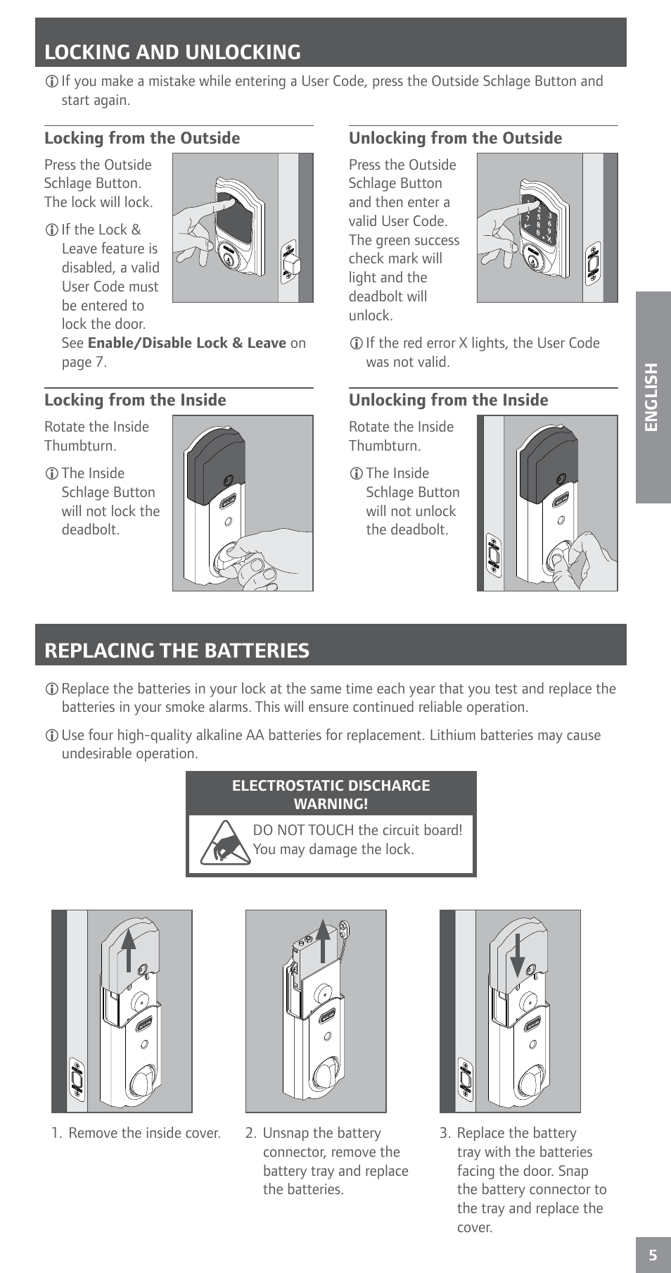 Locking and unlocking, Replacing the batteries | Schlage BE469NX User's Guide User Manual | Page 5 / 16