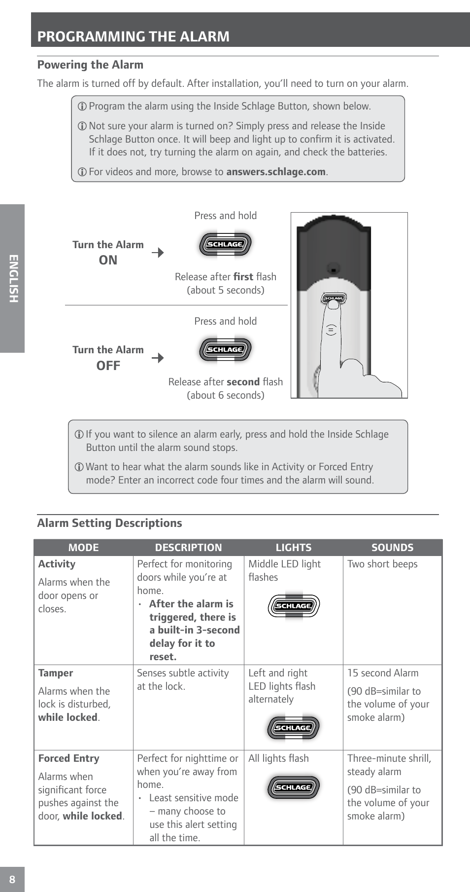 Programming the alarm, Powering the alarm alarm setting descriptions | Schlage BE469NX User's Guide User Manual | Page 8 / 16