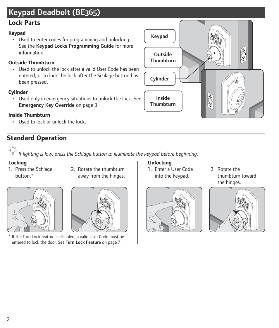 Keypad deadbolt (be365), Lock parts, Standard operation | Lock parts standard operation | Schlage BE365 User Guide User Manual | Page 2 / 8