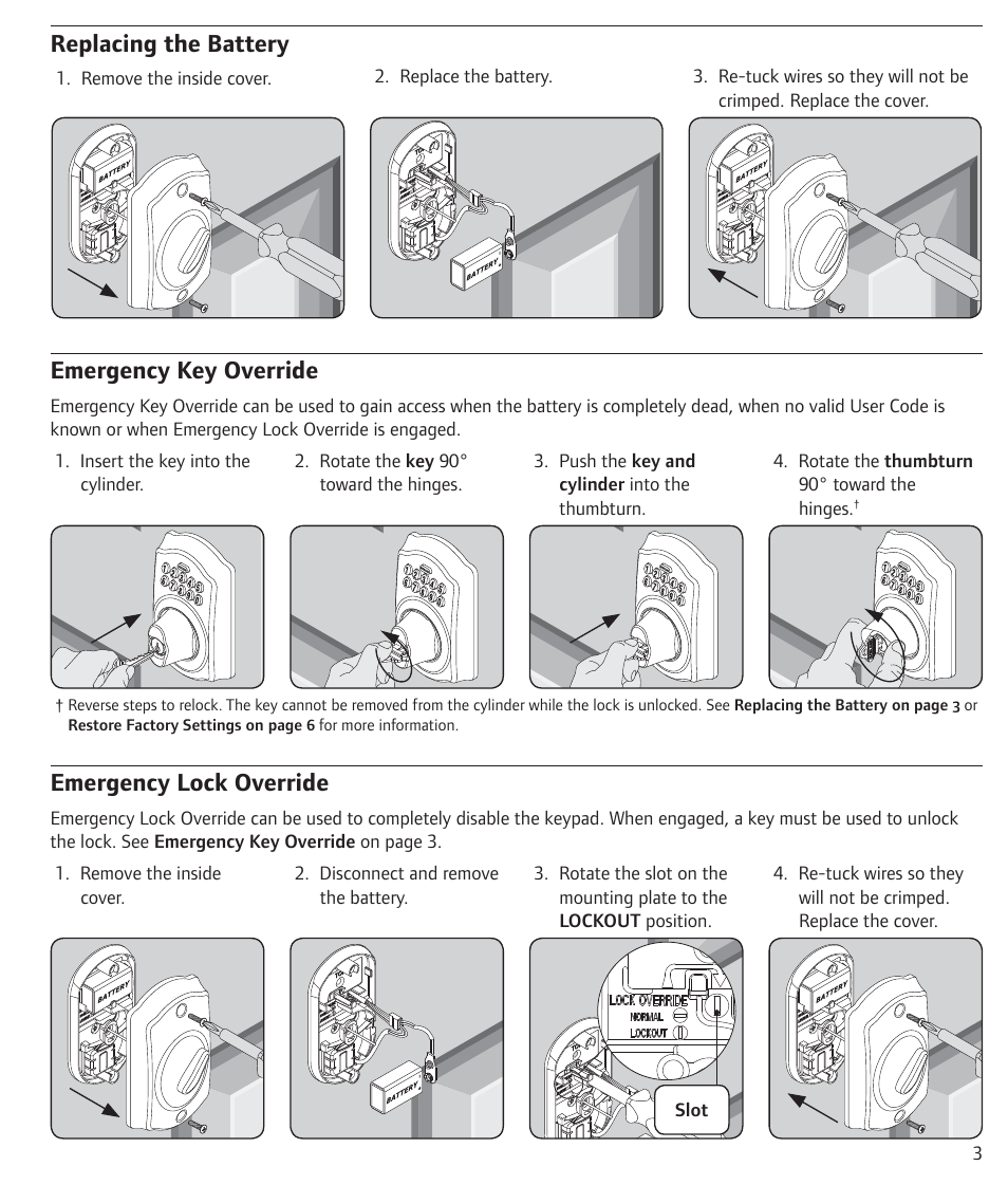 Replacing the battery, Emergency key override, Emergency lock override | Schlage BE365 User Guide User Manual | Page 3 / 8