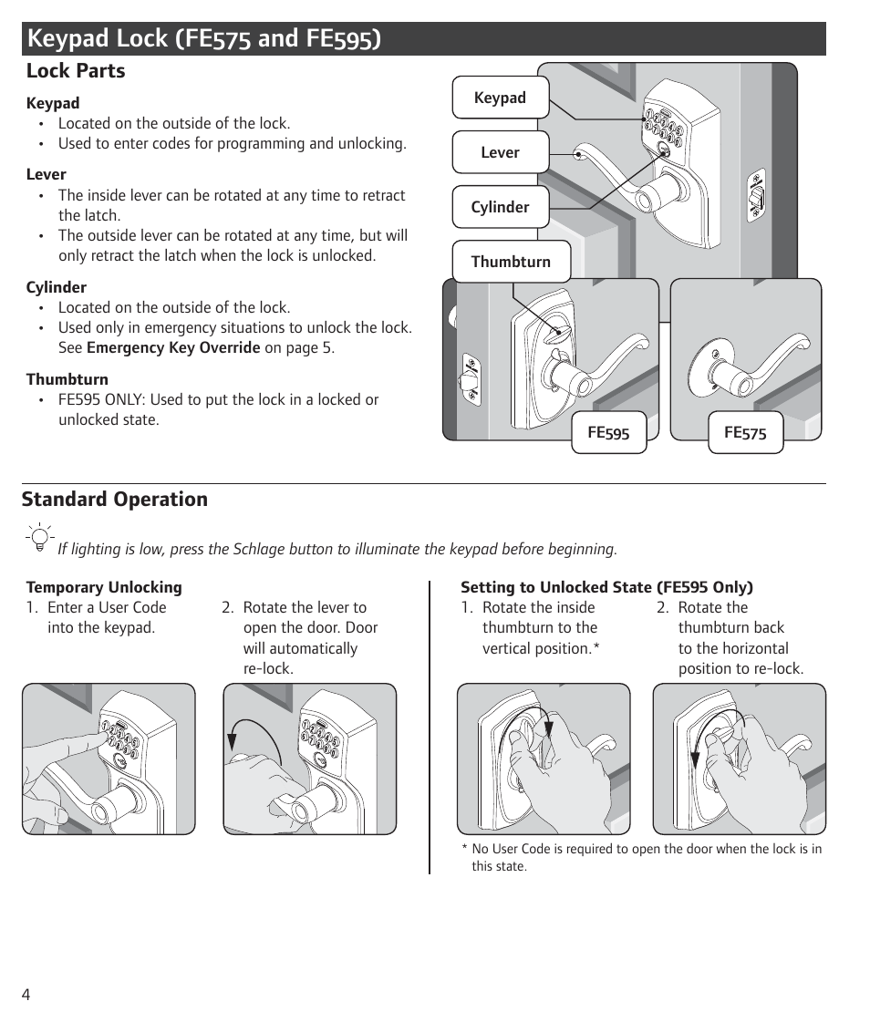 Keypad lock (fe575 and fe595), Lock parts, Standard operation | Lock parts standard operation | Schlage BE365 User Guide User Manual | Page 4 / 8