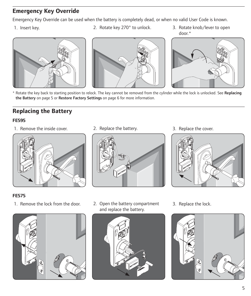 Emergency key override, Replacing the battery, Emergency key override replacing the battery | Schlage BE365 User Guide User Manual | Page 5 / 8